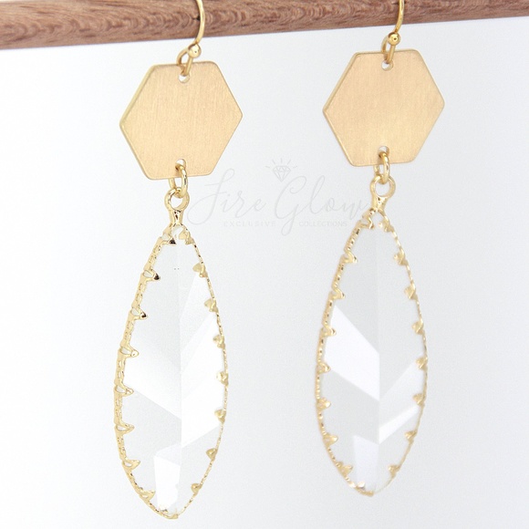 Clear Teardrop Gem Brushed Gold Tone Hex Earrings - Picture 1 of 10